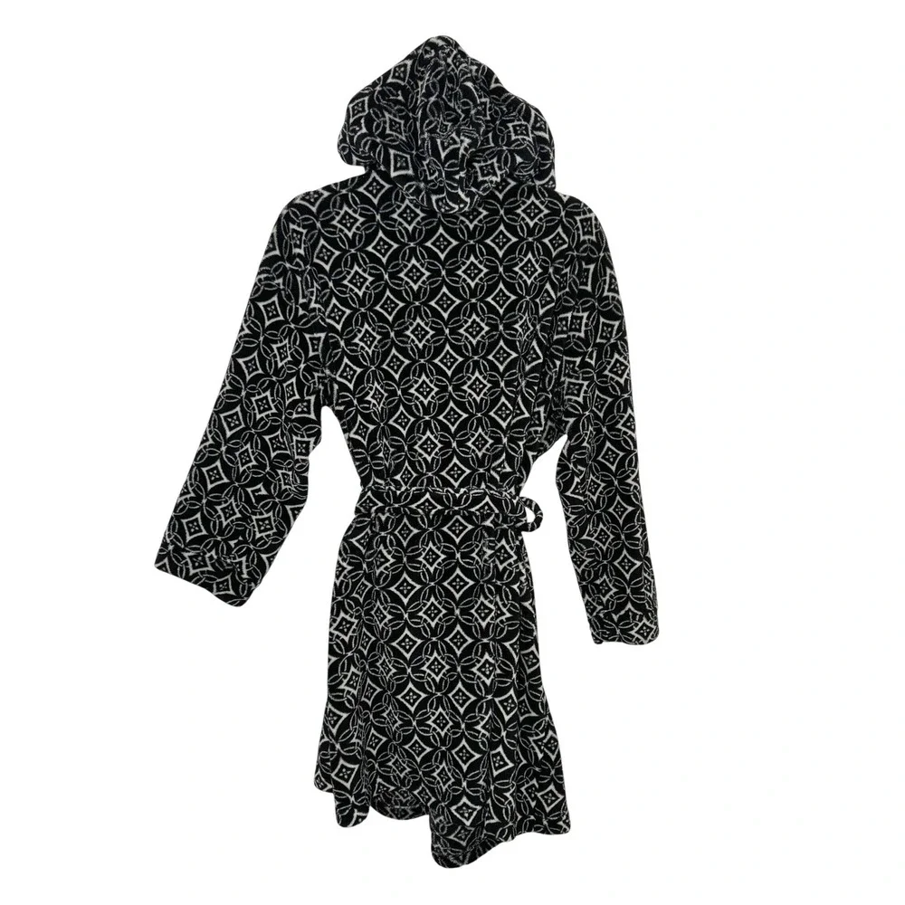 Vera Bradley Hooded Fleece Robe Black White Geometric Medallion S/M Loungewear